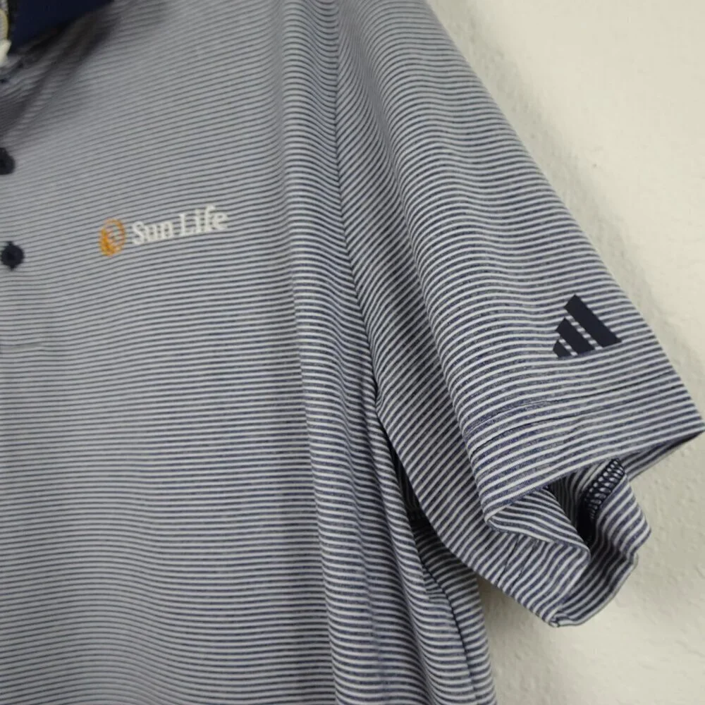 Adidas Polo Shirt Men's Size L Blue Stripe Sun Life Logo Embroidered Golf